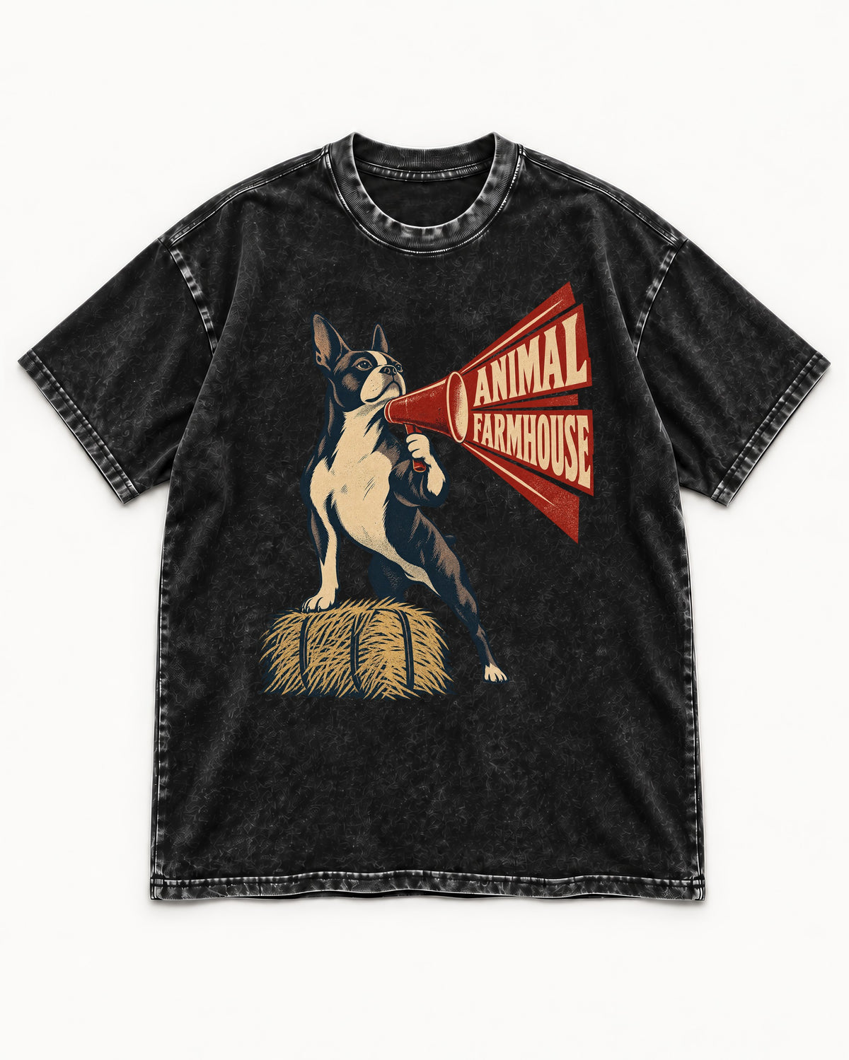 Animal Farmhouse Boston Terrier Washed Tee in Black, flat lay product photo