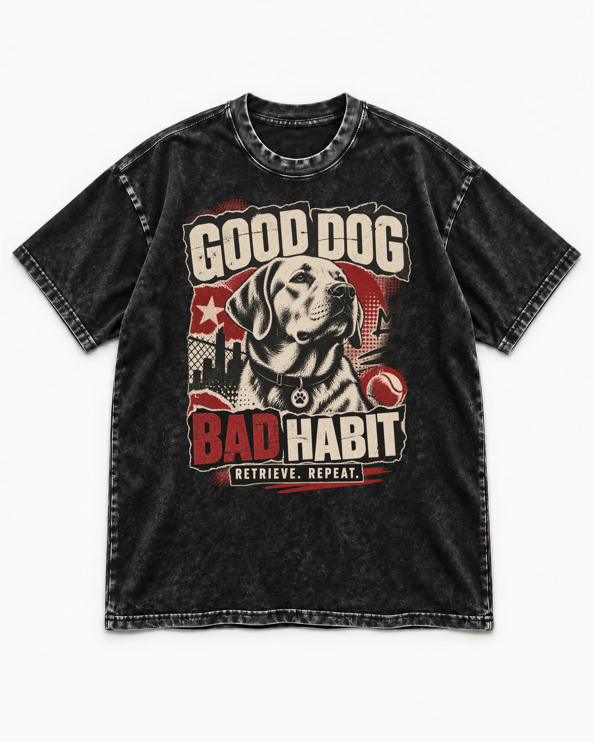 Labrador Retriever Good Dog Bad Habit Poster Graphic Washed Tee in Black, flat lay product photo