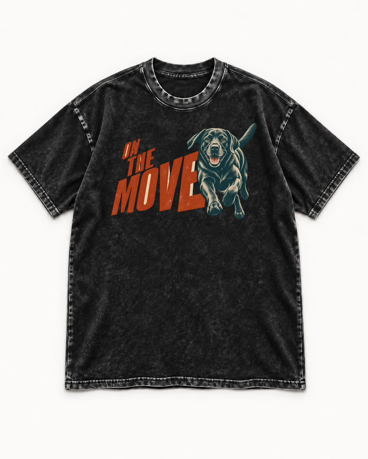 Labrador Retriever On the Move Running Graphic Washed Tee in Black, flat lay product photo