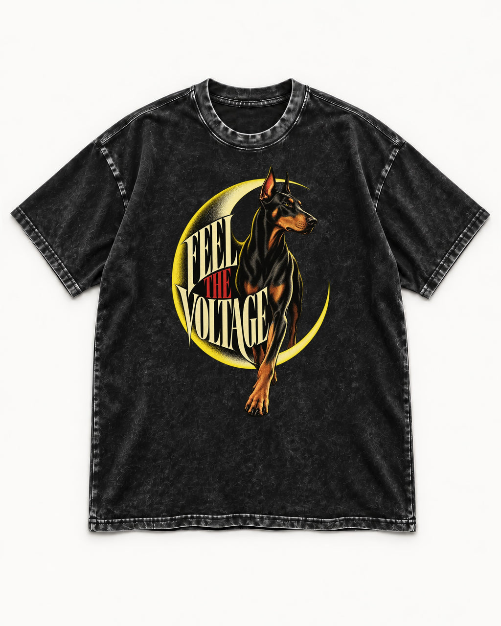 Doberman Feel the Voltage Crescent Portrait Graphic Washed Tee in Black, flat lay product photo