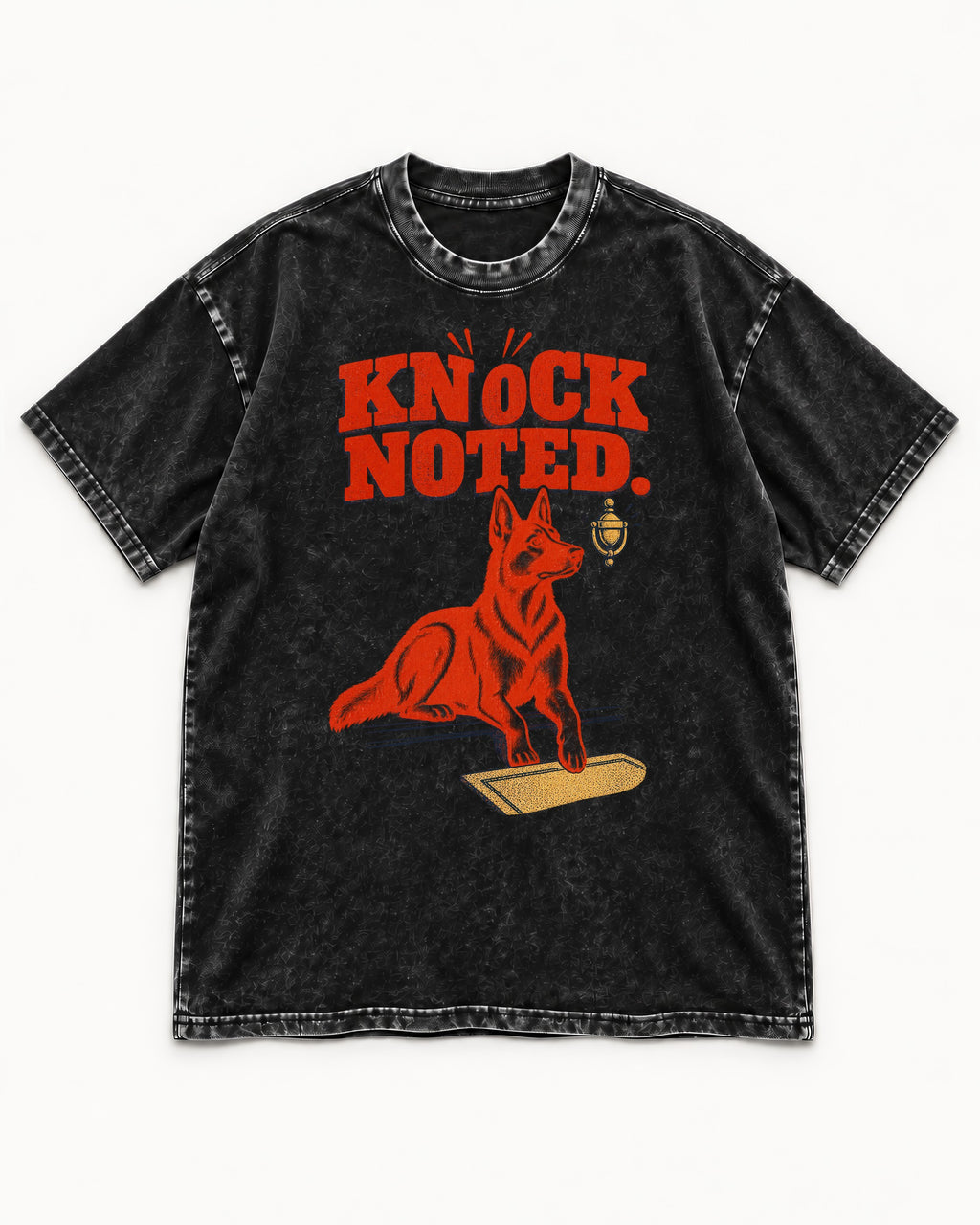 Knock Noted Door Knocker German Shepherd Dog Graphic Washed Tee in Black, flat lay product photo