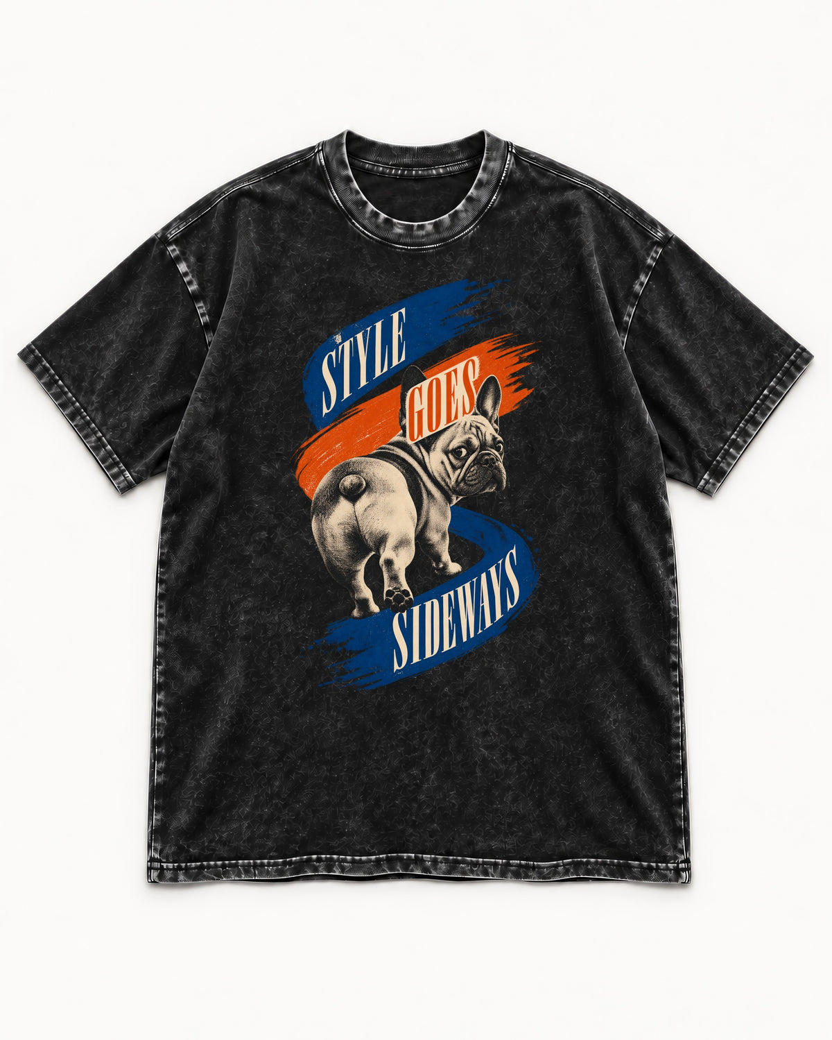 Frenchie Style Goes Sideways Graphic Washed Tee in Black, flat lay product photo
