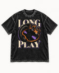 Dachshund Long Play Vinyl Record Graphic Washed Tee in Black, flat lay product photo