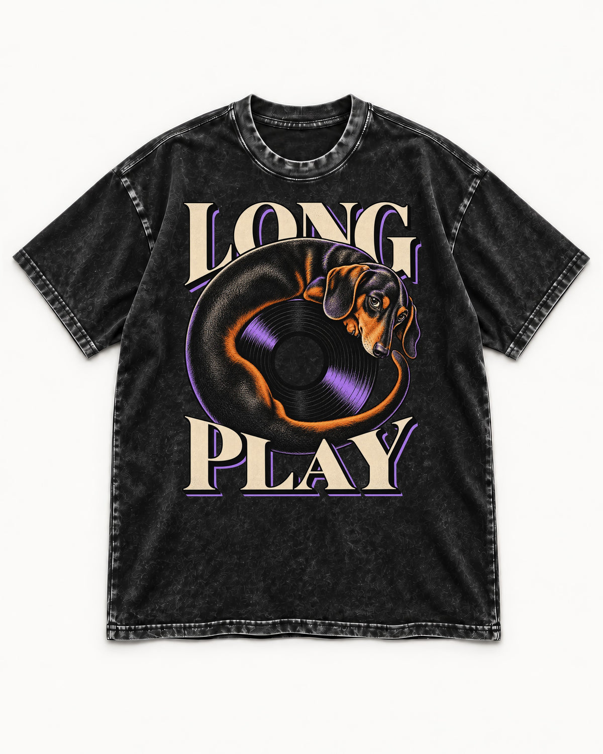 Dachshund Long Play Vinyl Record Graphic Washed Tee in Black, flat lay product photo
