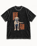 Labrador Retriever Here Again Standing Typography Graphic Washed Tee in Black, flat lay product photo