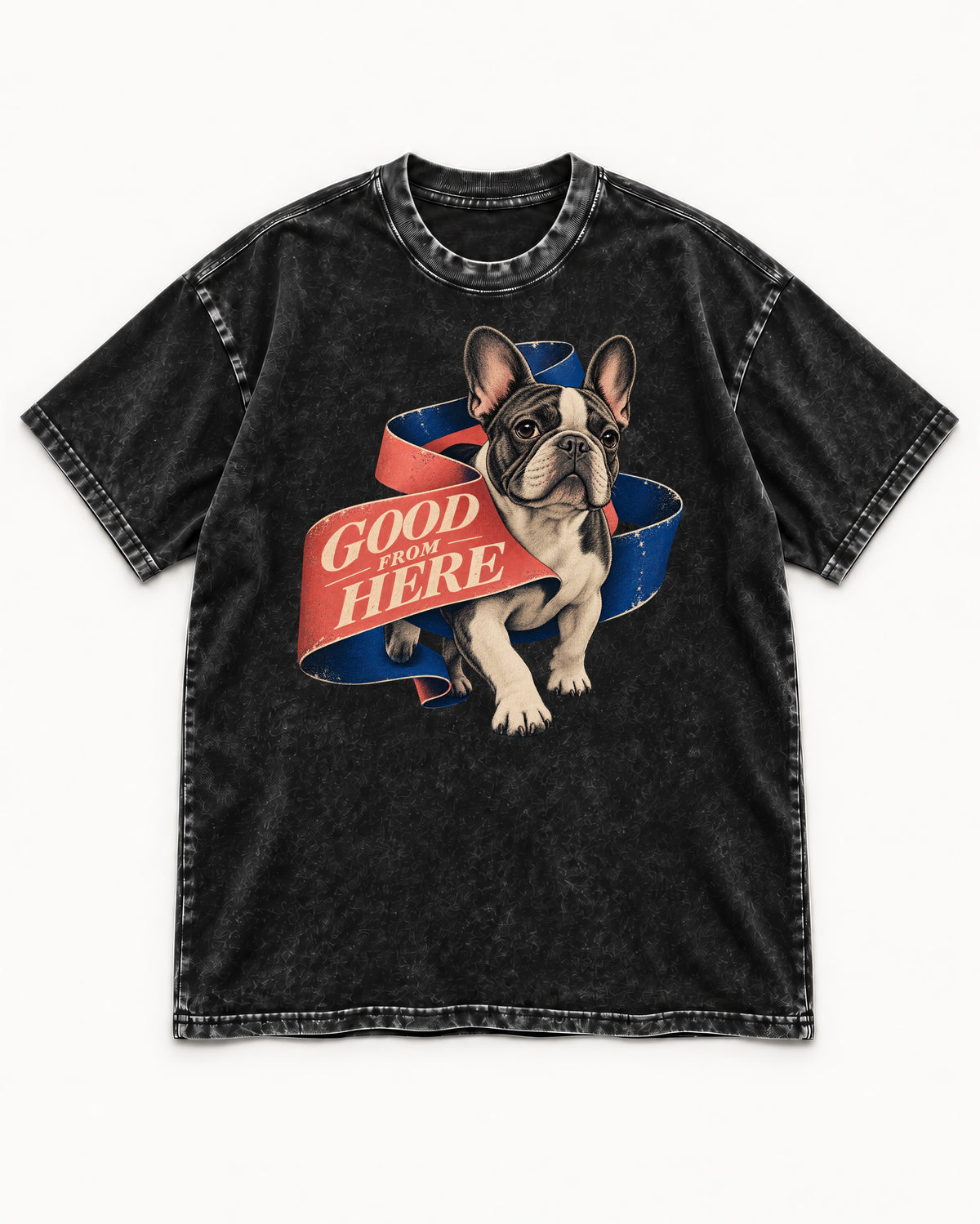 Frenchie Good From Here Ribbon Graphic Washed Tee in Black, flat lay product photo