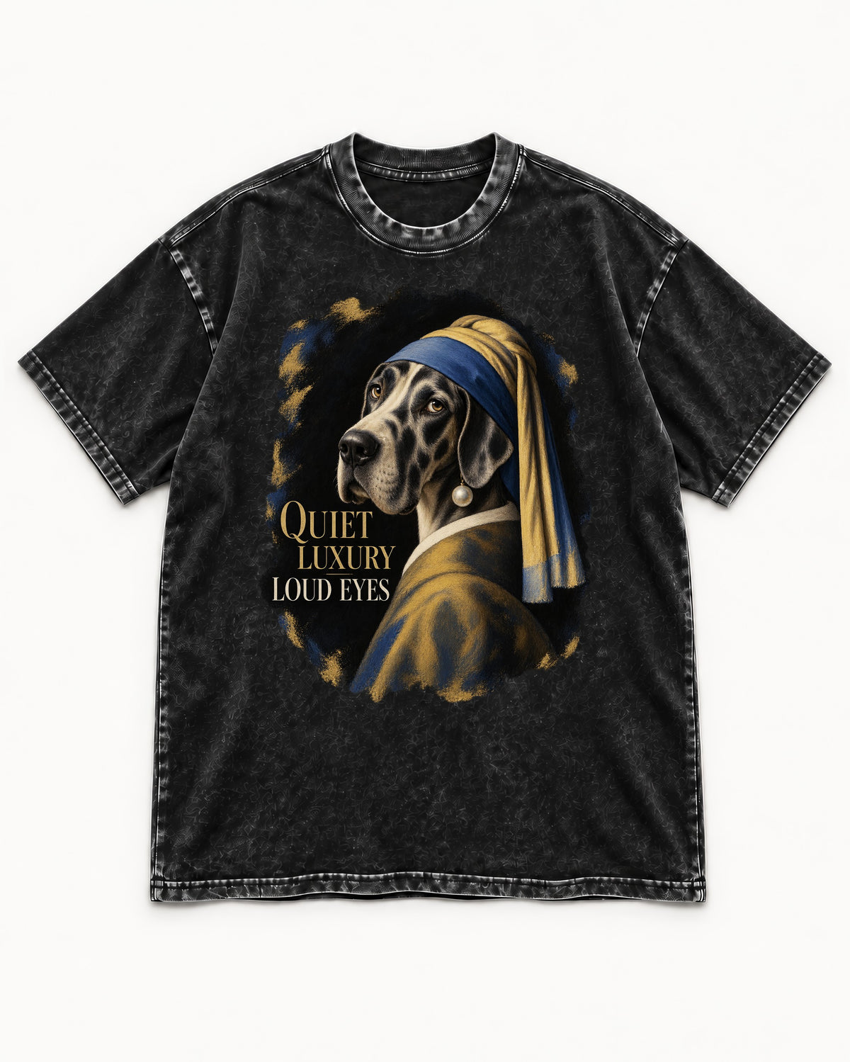 Great Dane Quiet Luxury Loud Eyes Pearl Portrait Graphic Washed Tee in Black, flat lay product photo