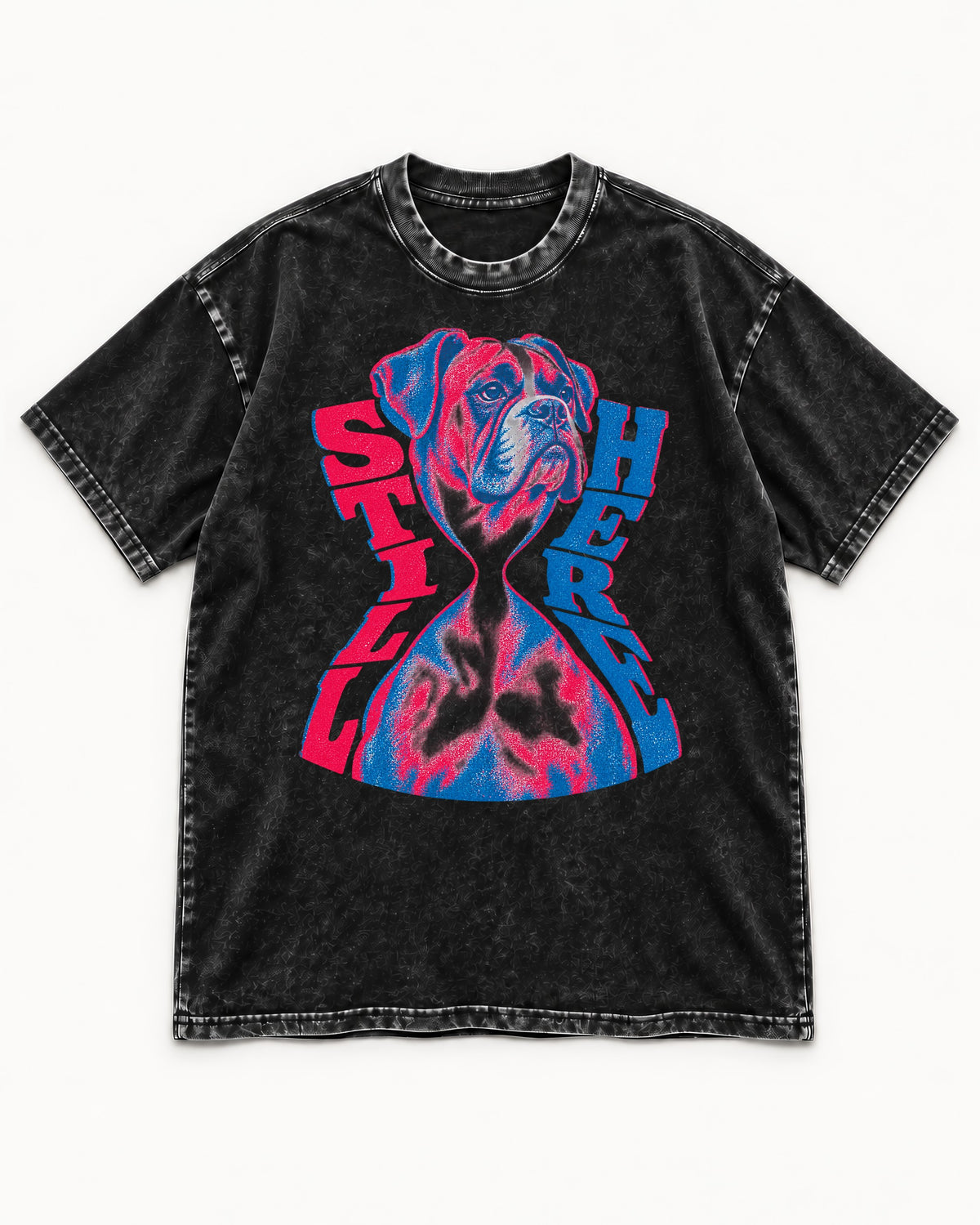 Stay Here Boxer Duotone Portrait Washed Tee in Black, flat lay product photo