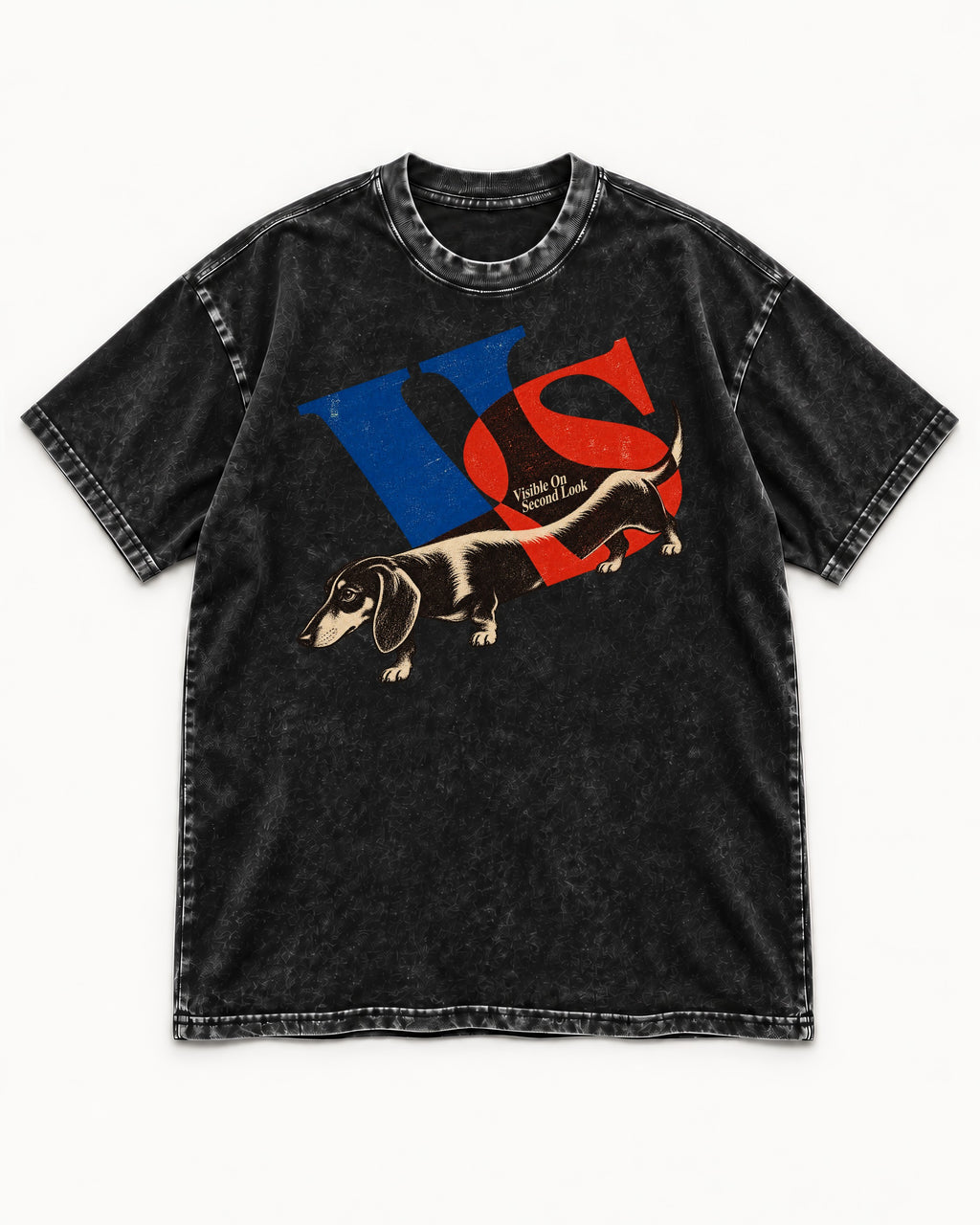 Dachshund VS Visible On Second Look Graphic Washed Tee in Black, flat lay product photo