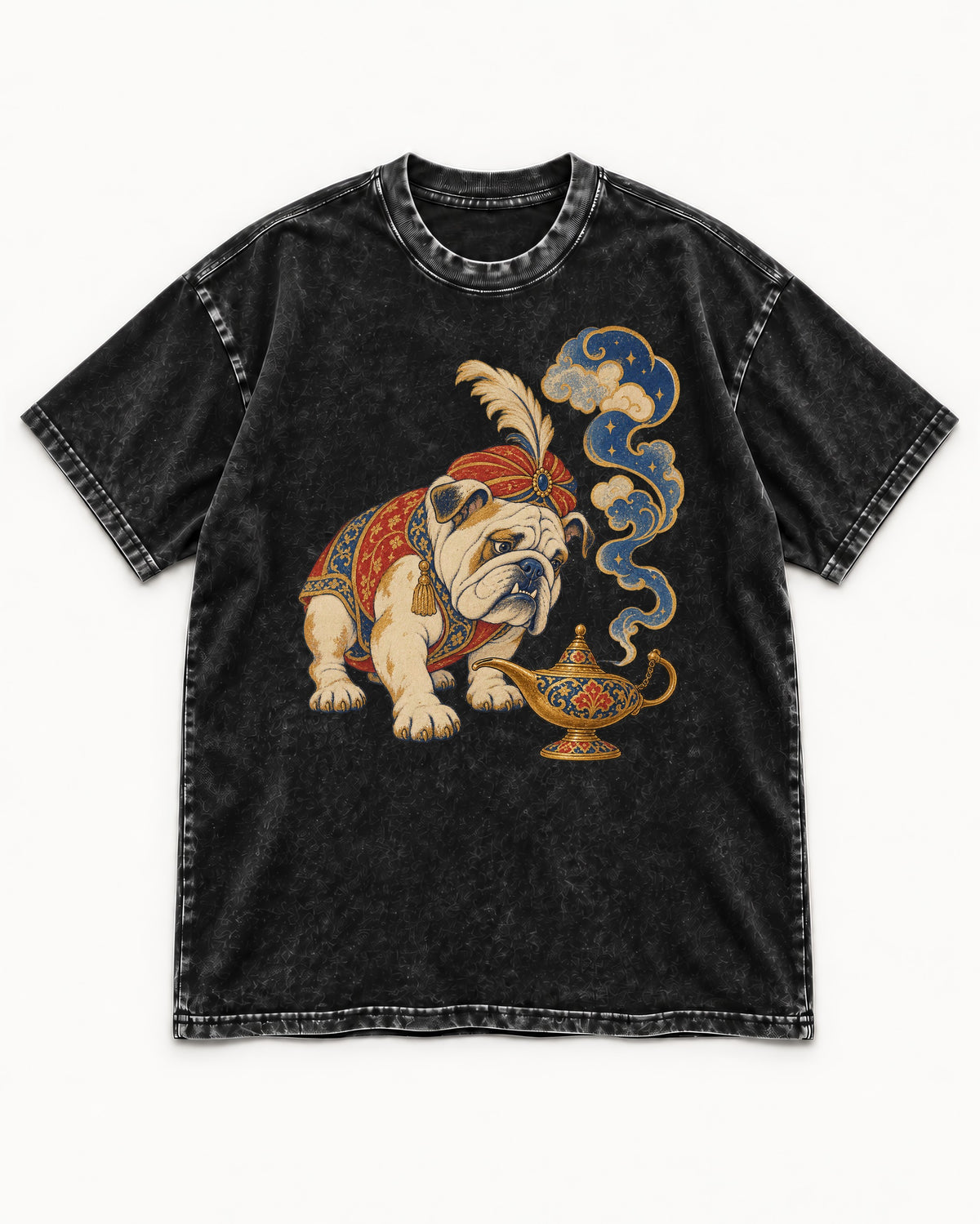 English Bulldog Magic Lamp Genie Graphic Washed Tee in Black, flat lay product photo
