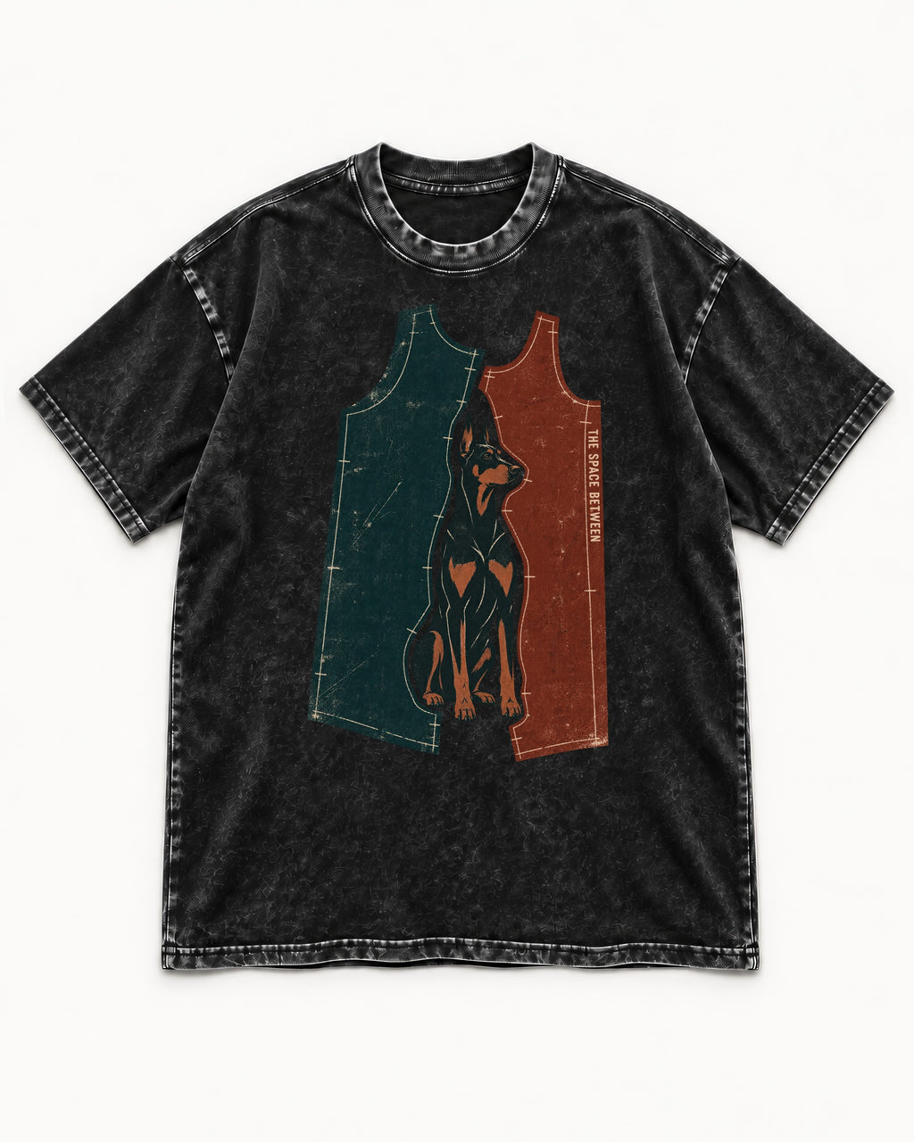 Doberman The Space Between Pattern Pieces Graphic Washed Tee in Black, flat lay product photo