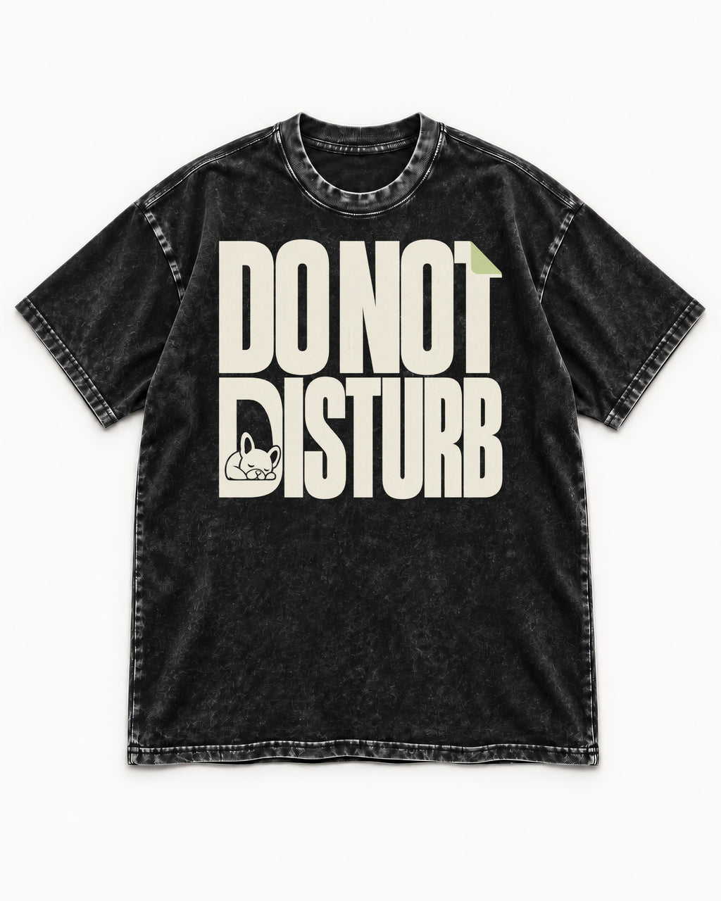 Frenchie Do Not Disturb Hidden Sleeping Graphic Washed Tee in Black, flat lay product photo