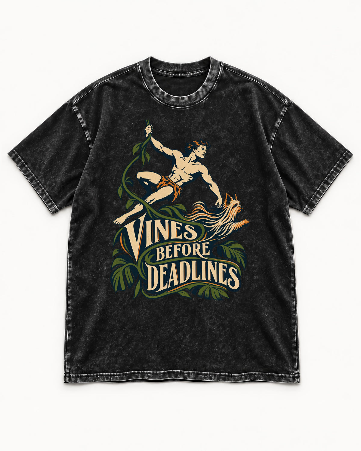 Yorkshire Terrier Vines Before Deadlines Jungle Hero Graphic Washed Tee in Black, flat lay product photo