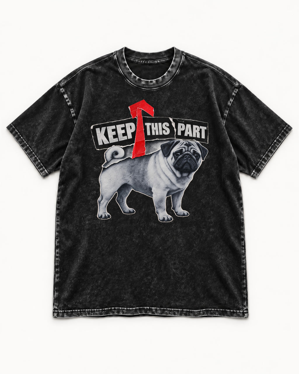 Pug Keep This Part Tape Arrow Graphic Washed Tee in Black, flat lay product photo