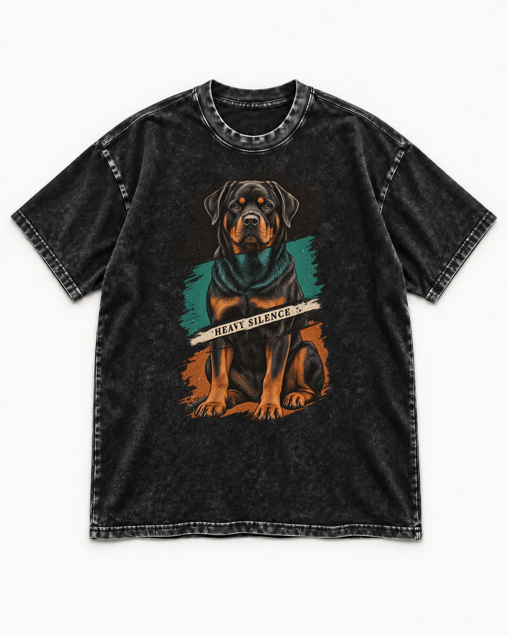 Rottweiler Heavy Silence Brushstroke Portrait Graphic Washed Tee in Black, flat lay product photo