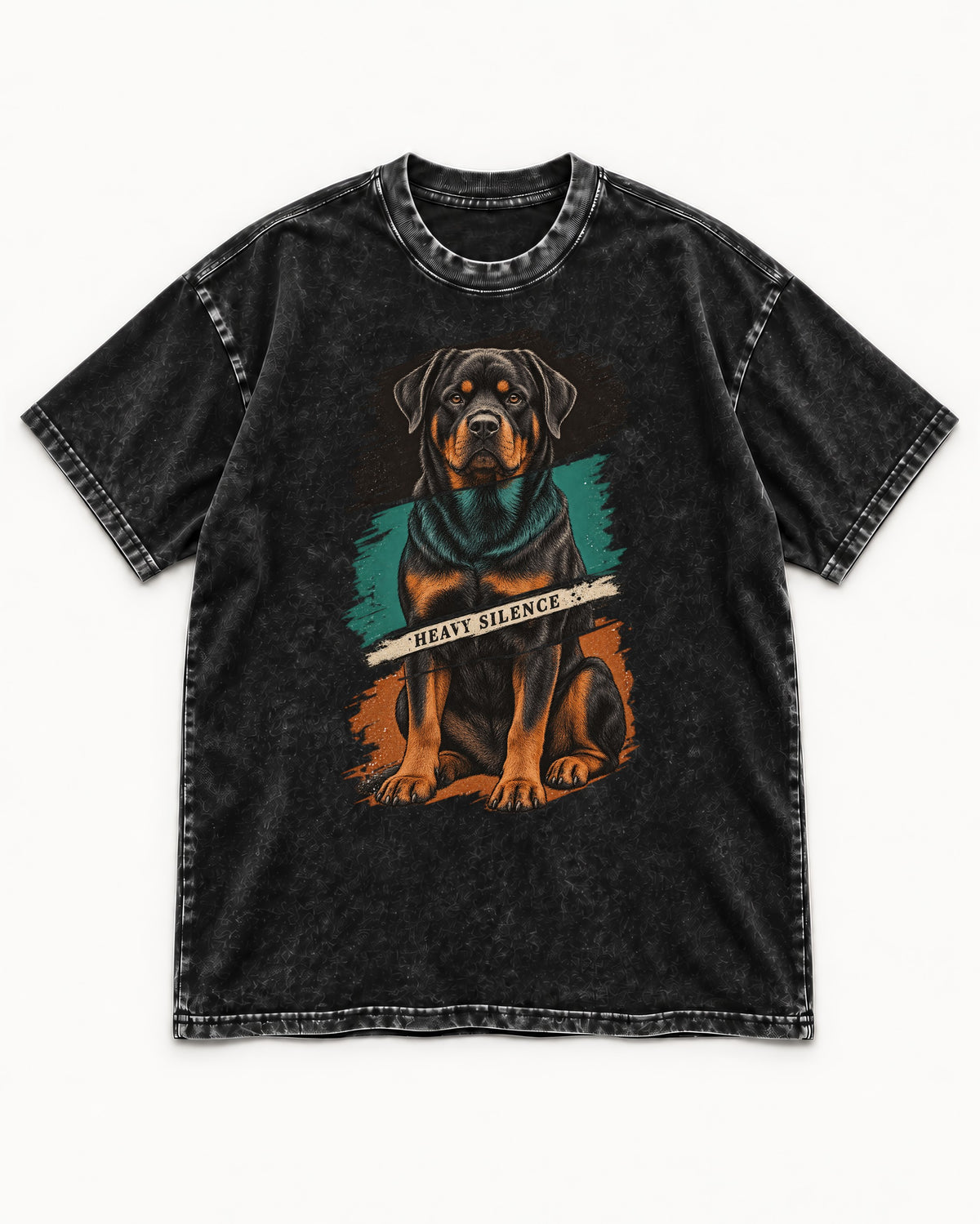 Rottweiler Heavy Silence Brushstroke Portrait Graphic Washed Tee in Black, flat lay product photo