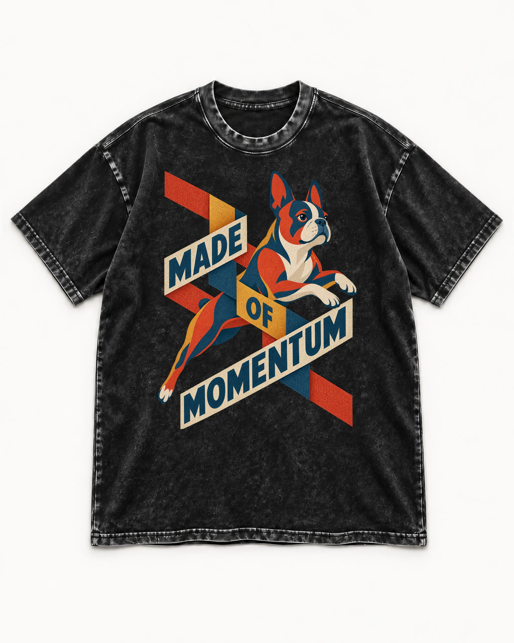Made of Momentum Boston Terrier Washed Tee in Black, flat lay product photo