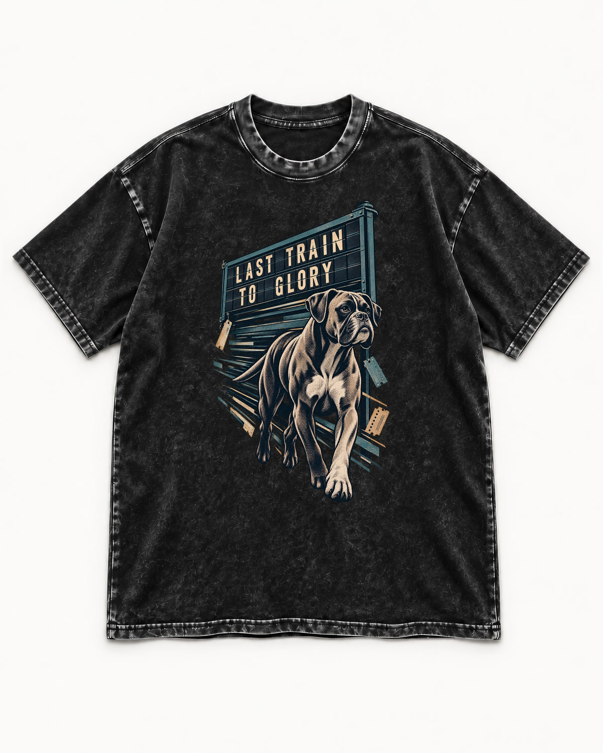 Last Train to Glory Boxer Washed Tee in Black, flat lay product photo