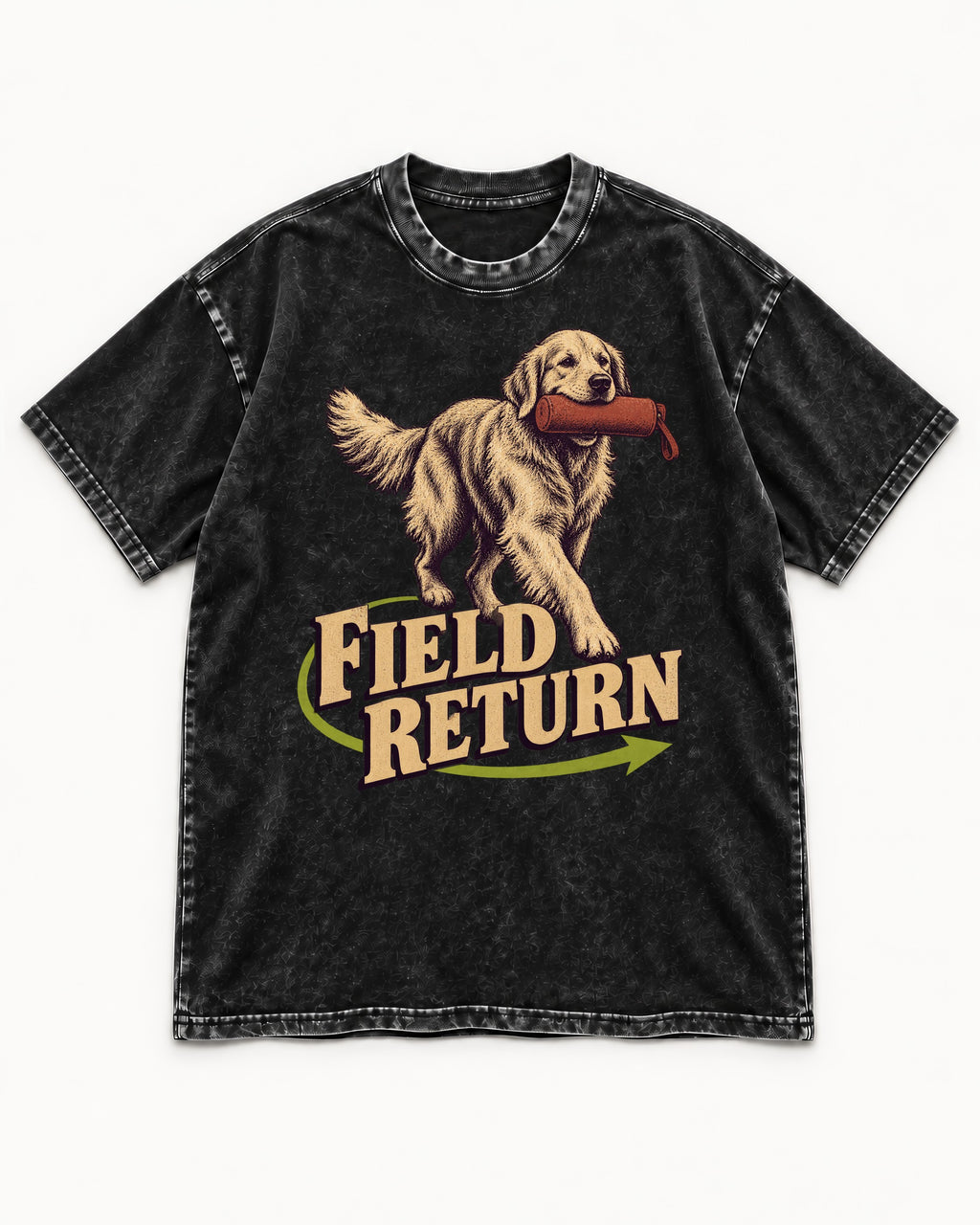 Golden Retriever Field Return Training Dummy Graphic Washed Tee in Black, flat lay product photo