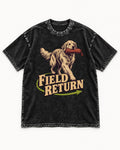 Golden Retriever Field Return Training Dummy Graphic Washed Tee in Black, flat lay product photo