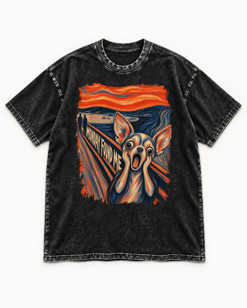 Monday Found Me Chihuahua Scream Path Washed Tee in Black, flat lay product photo