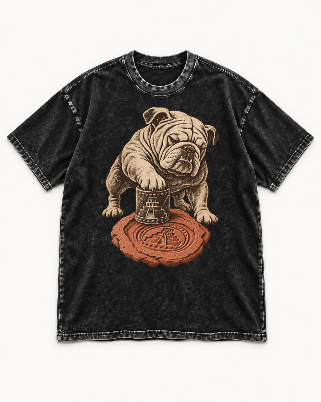 English Bulldog Ancient Cylinder Seal Graphic Washed Tee in Black, flat lay product photo