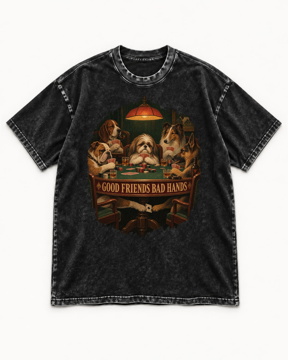 Shih Tzu Good Friends Bad Hands Poker Night Graphic Washed Tee in Black, flat lay product photo