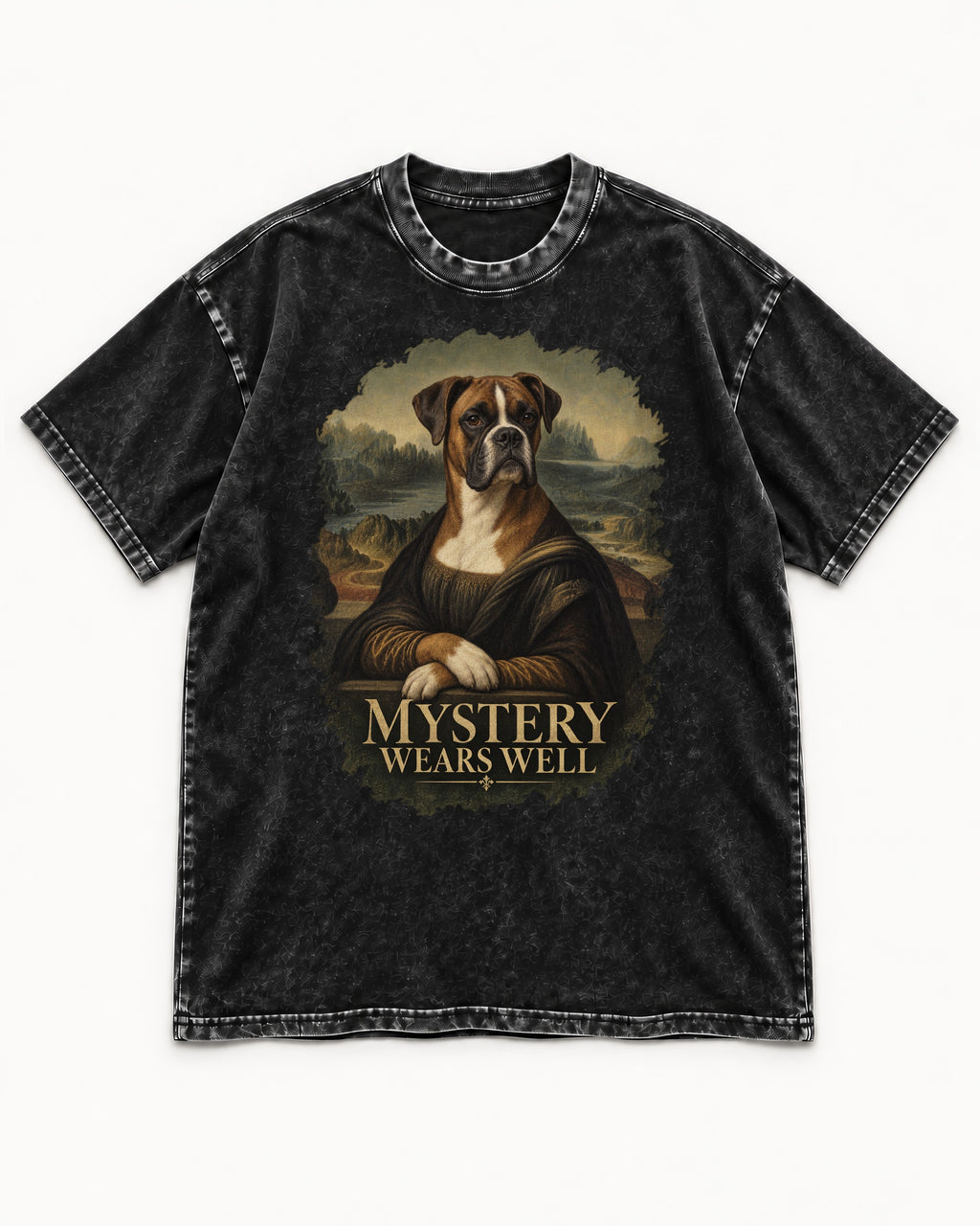 Mystery Wears Well Boxer Mona Lisa Portrait Washed Tee in Black, flat lay product photo