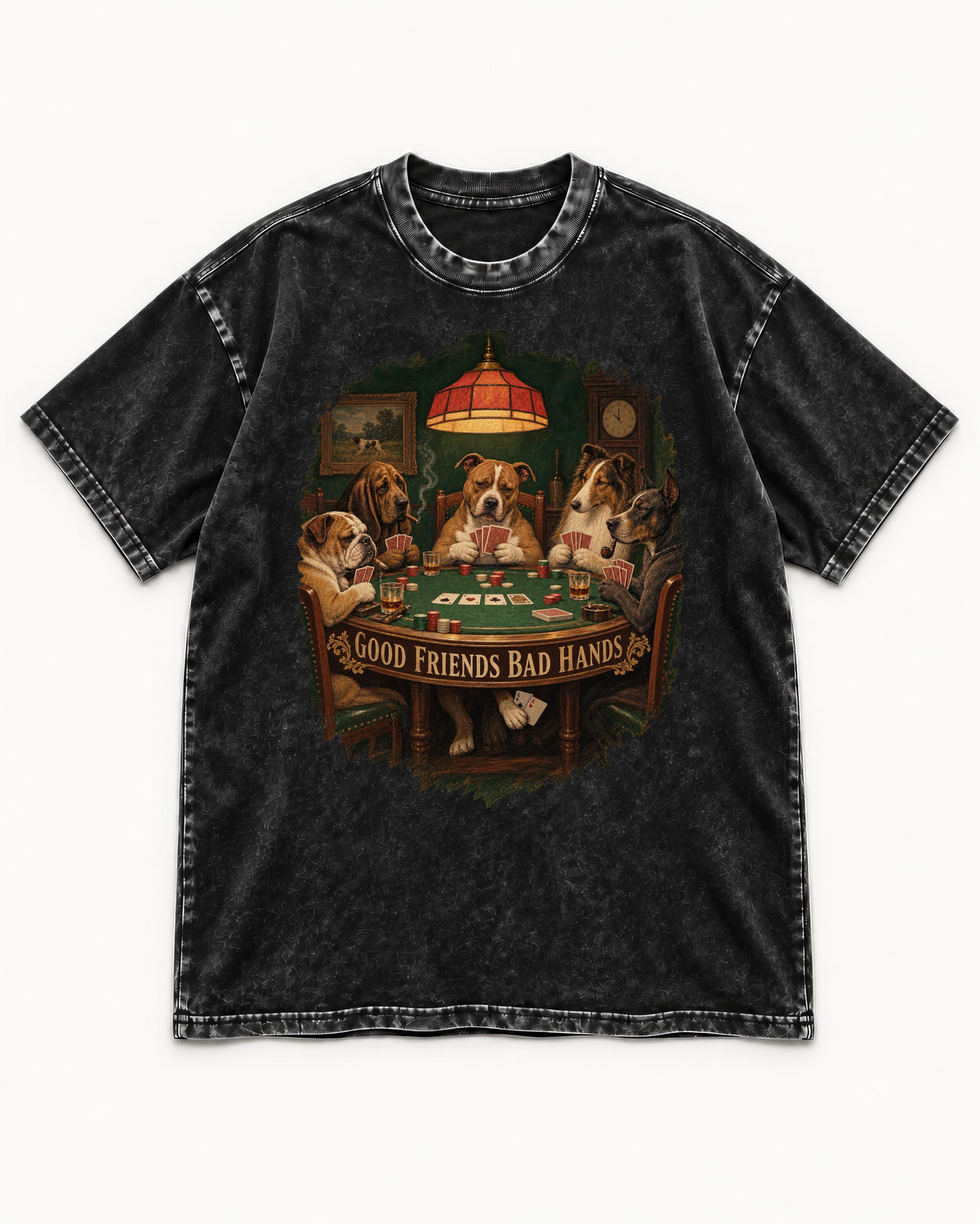 Pitbull Good Friends Bad Hands Poker Night Graphic Washed Tee in Black, flat lay product photo