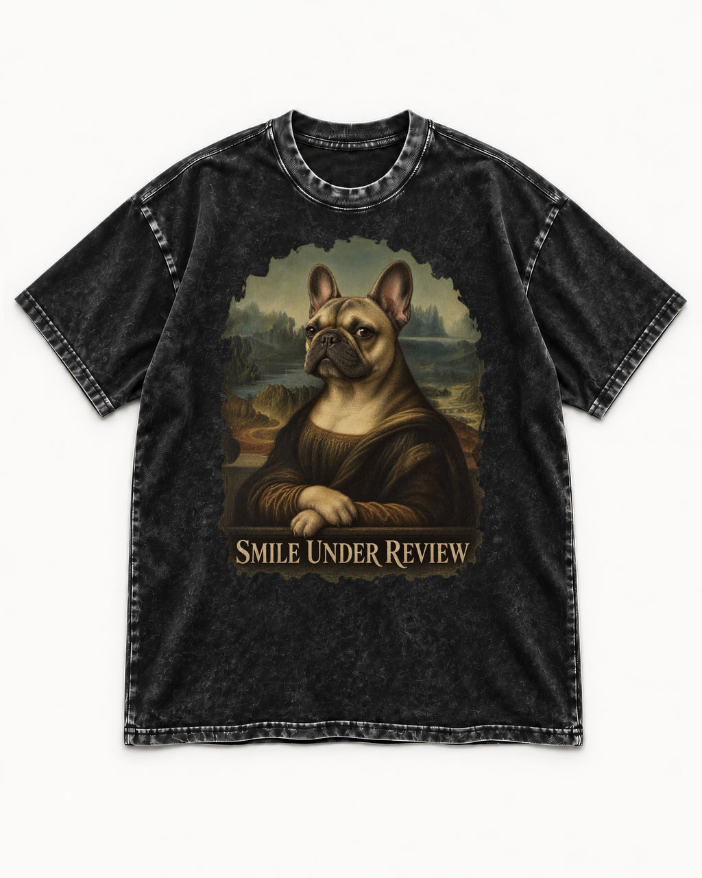 Frenchie Smile Under Review Renaissance Portrait Washed Tee in Black, flat lay product photo