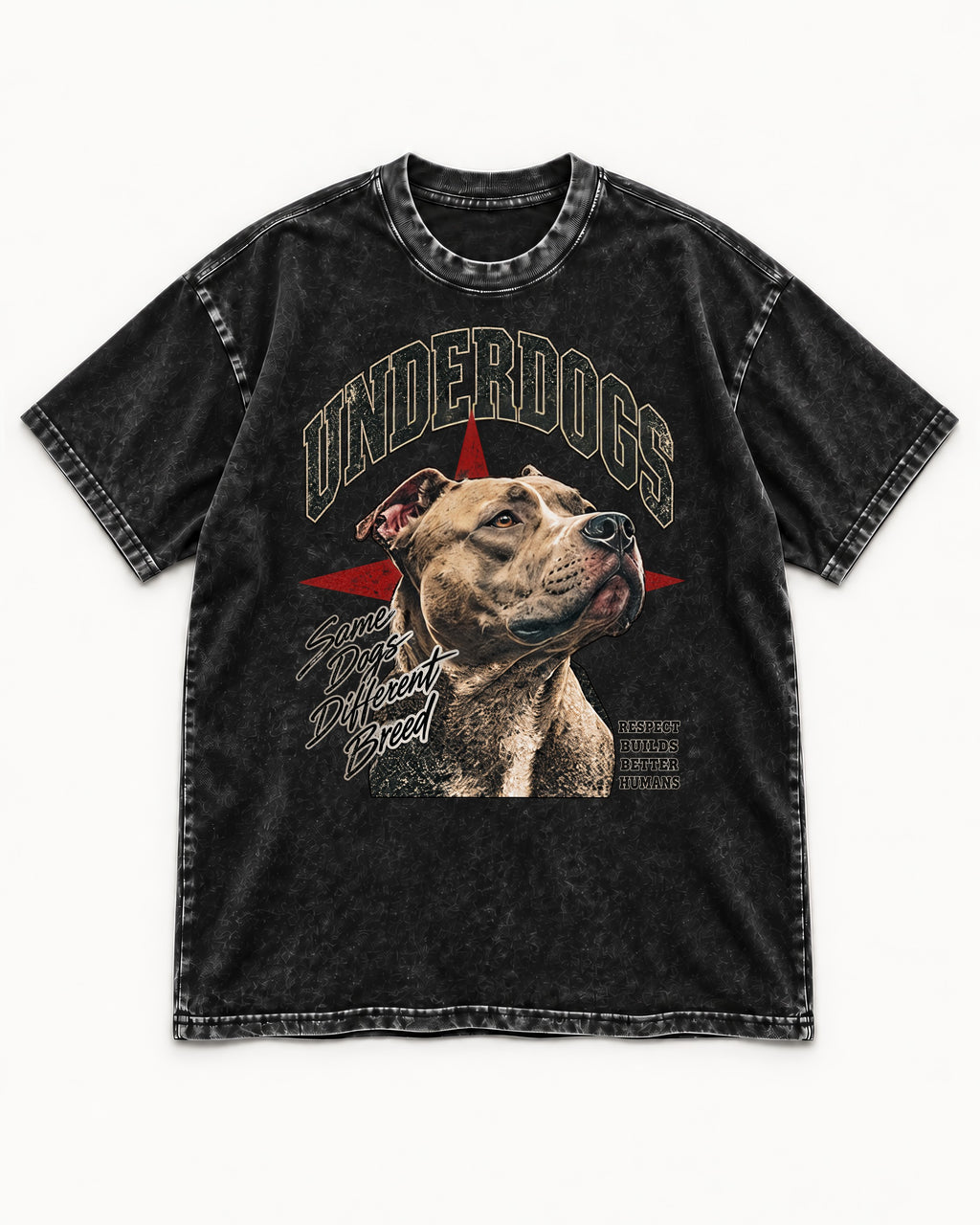 Pitbull Underdogs Same Dogs Different Breed Portrait Graphic Washed Tee in Black, flat lay product photo