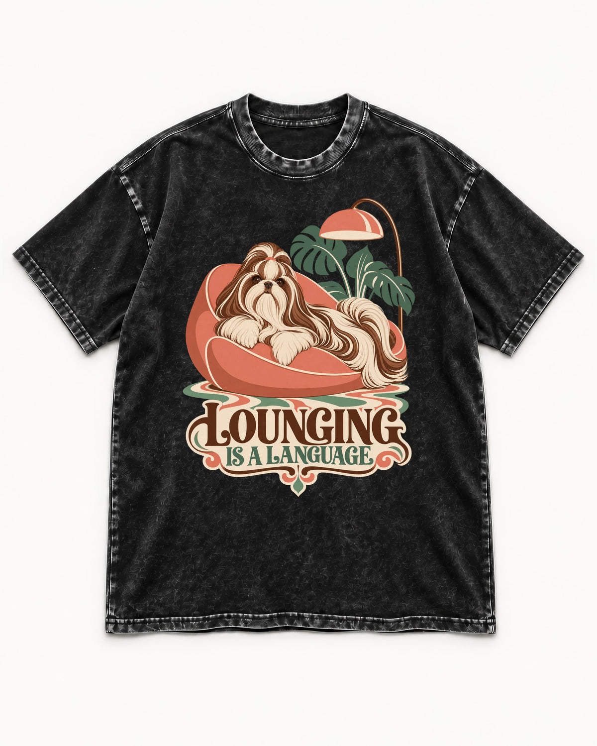 Shih Tzu Lounging Is a Language Retro Lounge Graphic Washed Tee in Black, flat lay product photo