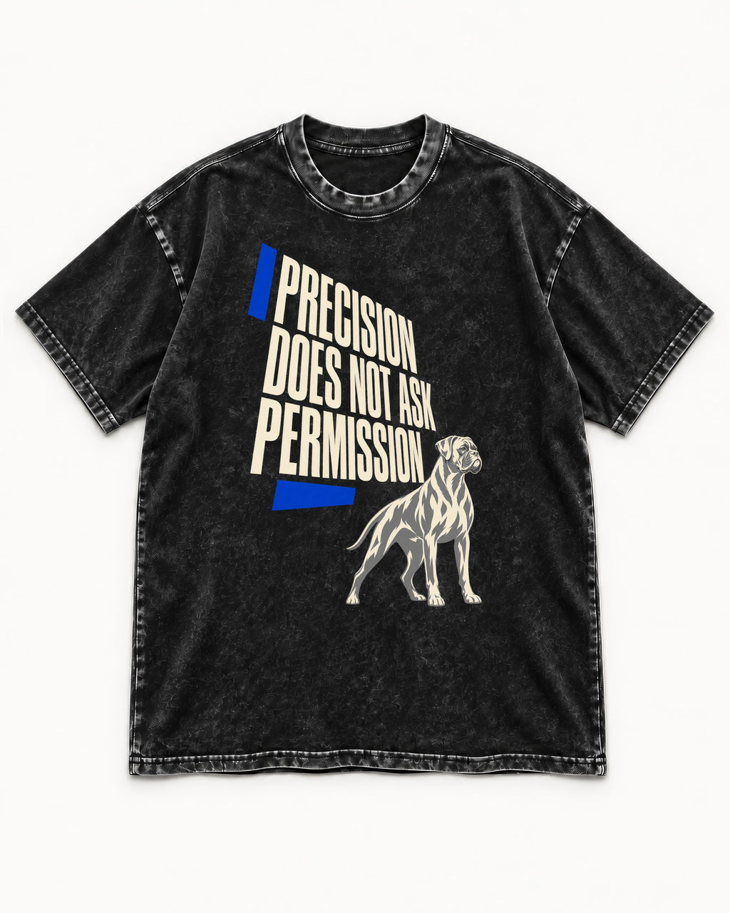 Precision Does Not Ask Permission Boxer Washed Tee in Black, flat lay product photo