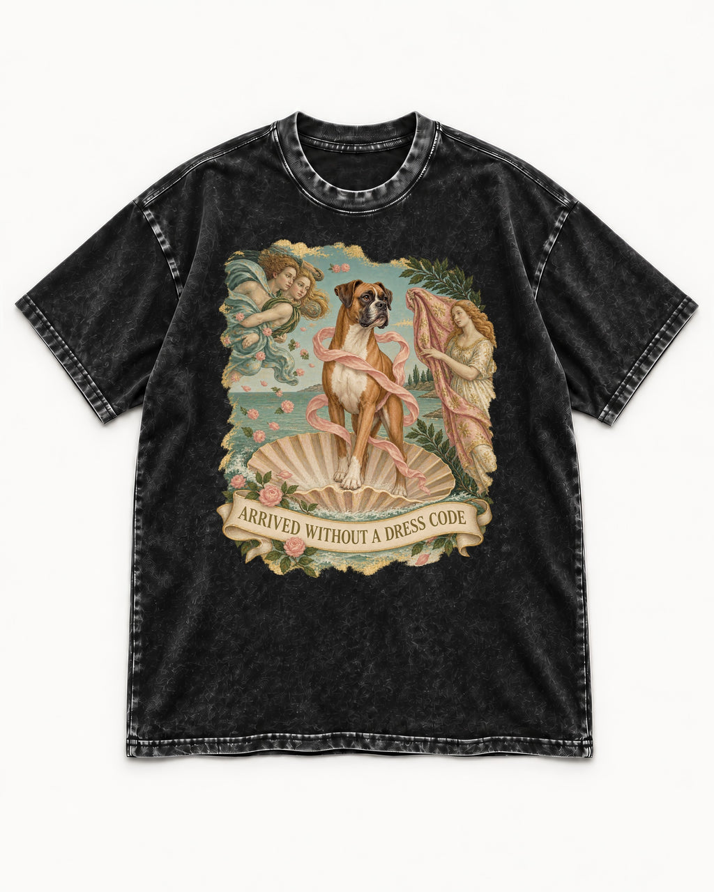 Arrived Without a Dress Code Boxer Classical Collage Washed Tee in Black, flat lay product photo