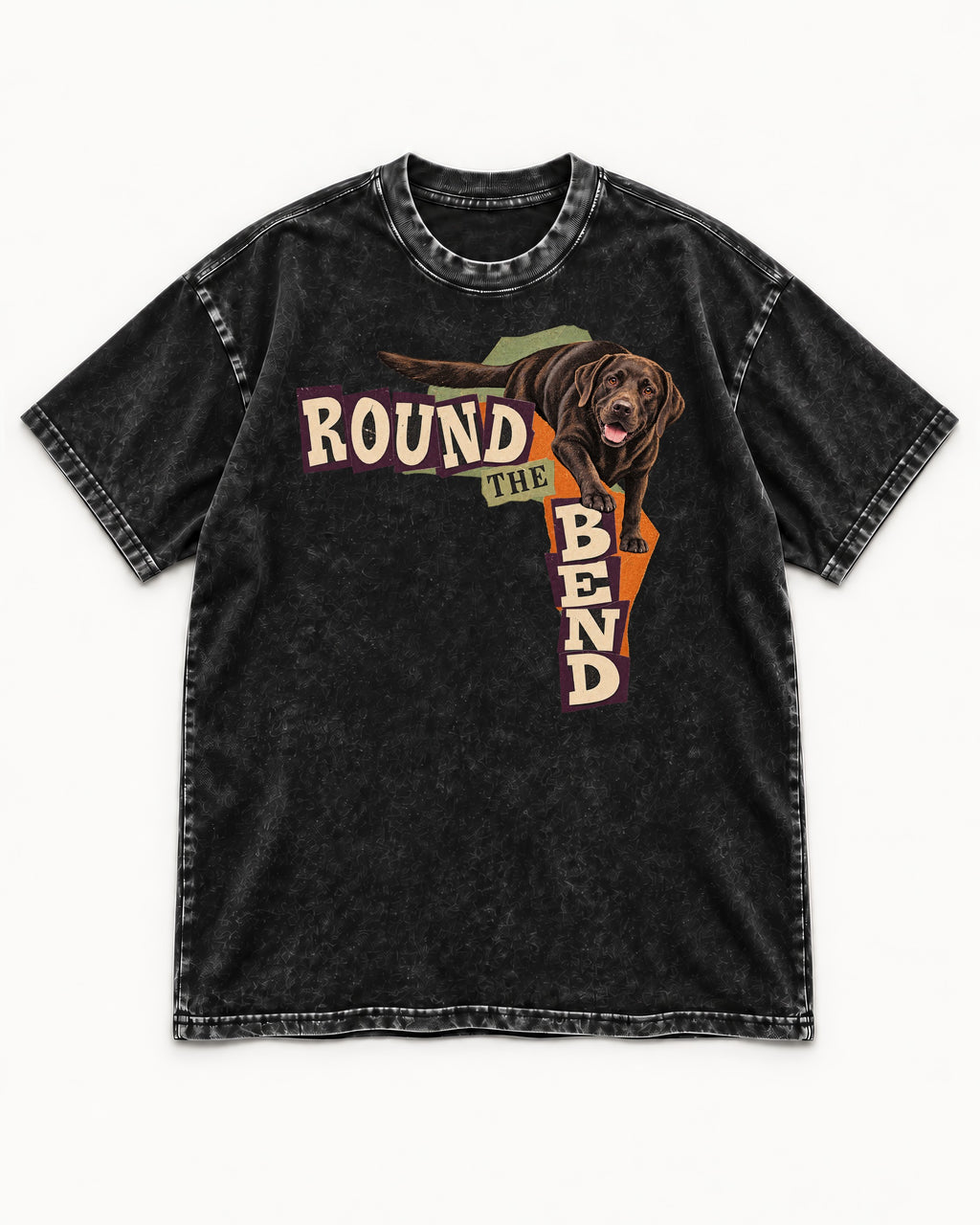 Labrador Retriever Round the Bend Collage Graphic Washed Tee in Black, flat lay product photo