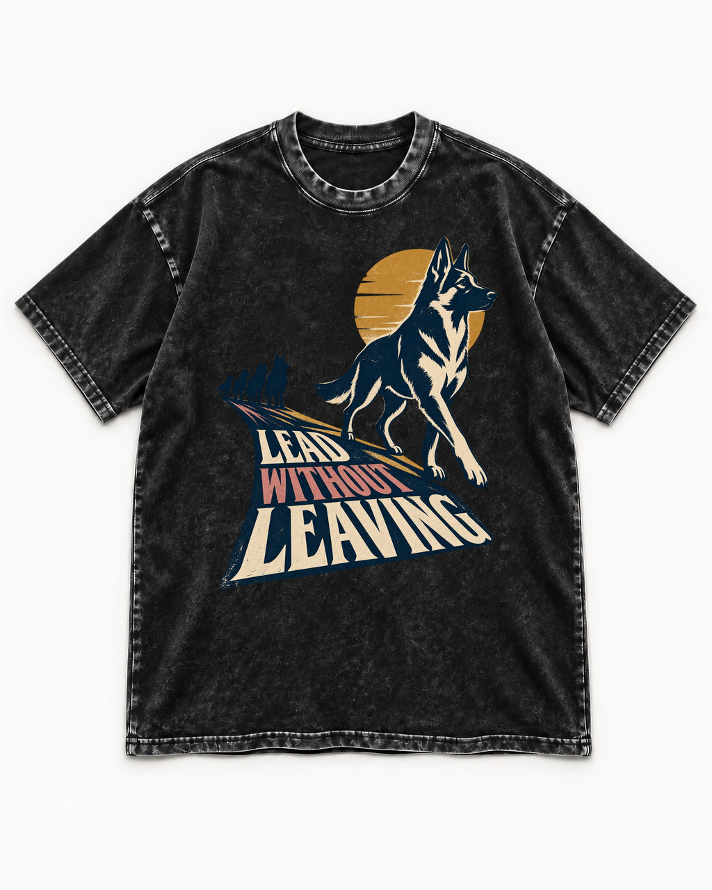 Lead Without Leaving Perspective German Shepherd Dog Graphic Washed Tee in Black, flat lay product photo