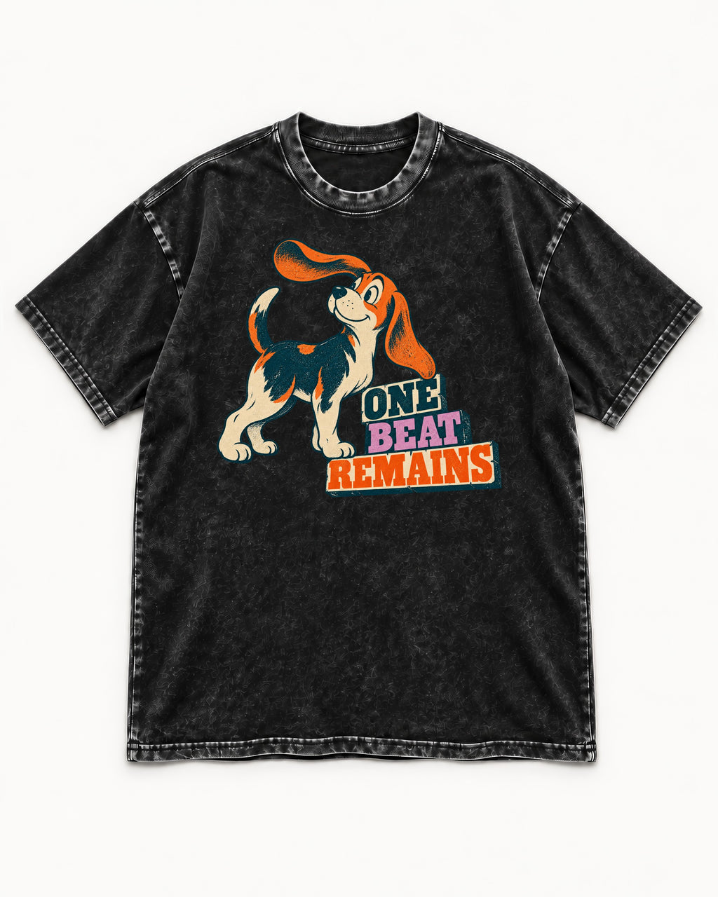Retro Beagle One Beat Remains Washed Tee in Black, flat lay product photo