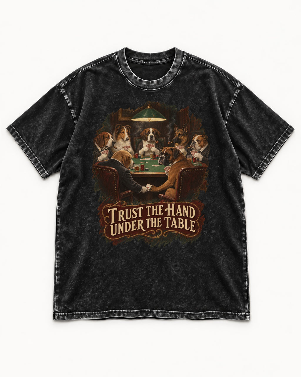 Trust the Hand Under the Table Boxer Poker Graphic Washed Tee in Black, flat lay product photo