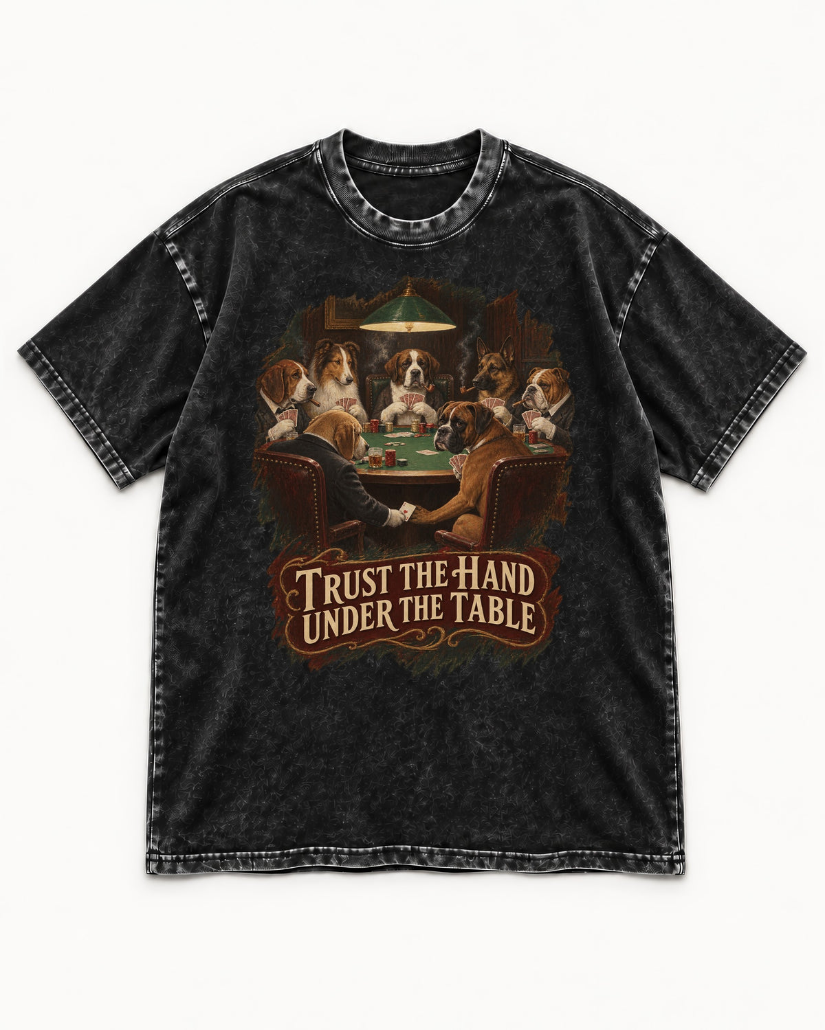 Trust the Hand Under the Table Boxer Poker Graphic Washed Tee in Black, flat lay product photo