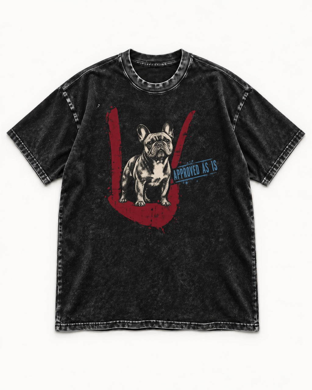 Frenchie Approved As Is Check Mark Graphic Washed Tee in Black, flat lay product photo