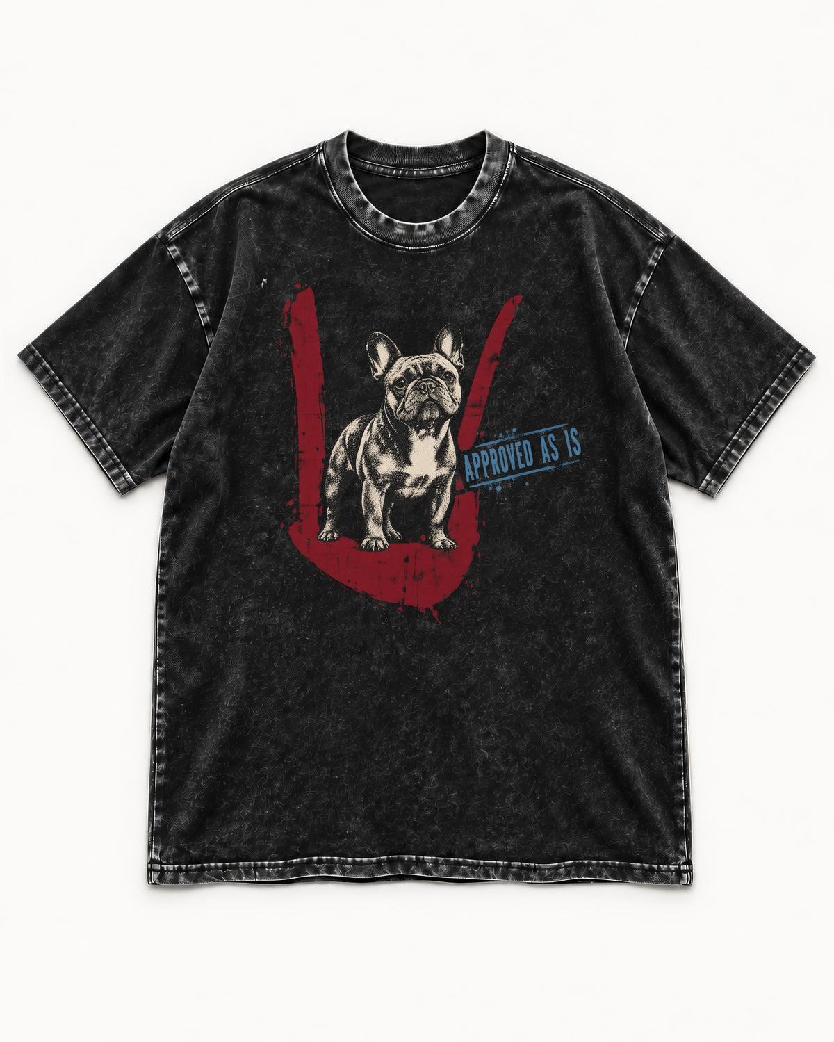 Frenchie Approved As Is Check Mark Graphic Washed Tee in Black, flat lay product photo