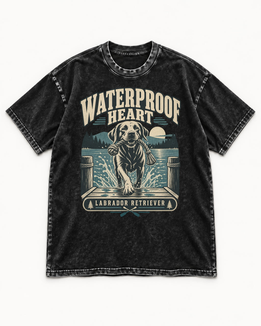 Labrador Retriever Waterproof Heart Lake Adventure Graphic Washed Tee in Black, flat lay product photo
