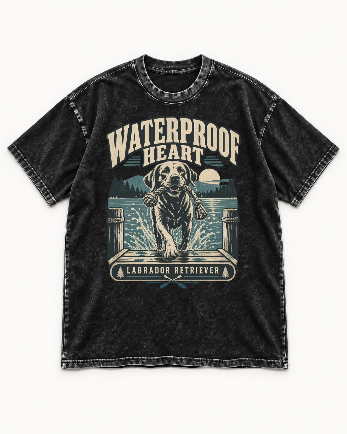 Labrador Retriever Waterproof Heart Lake Adventure Graphic Washed Tee in Black, flat lay product photo