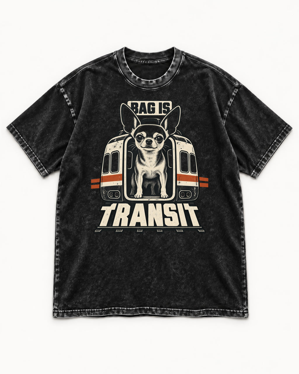 Chihuahua Bag Is Transit Train Front Graphic Washed Tee in Black, flat lay product photo