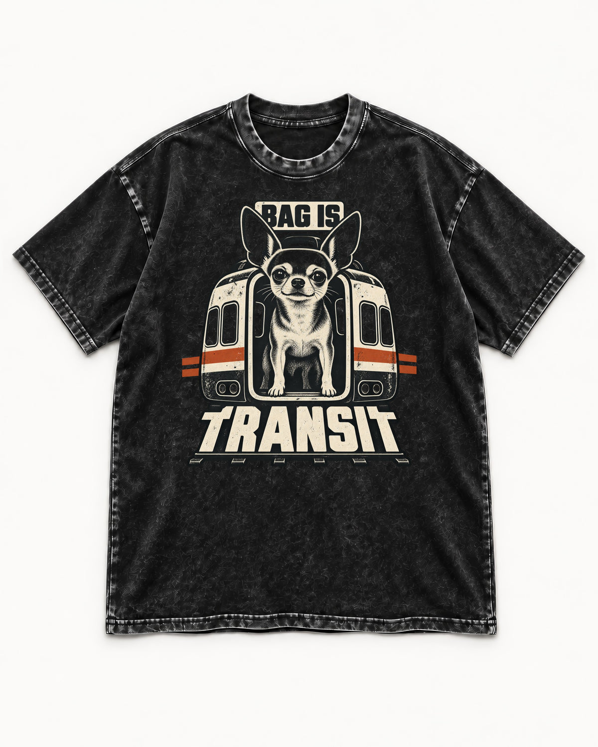Chihuahua Bag Is Transit Train Front Graphic Washed Tee in Black, flat lay product photo
