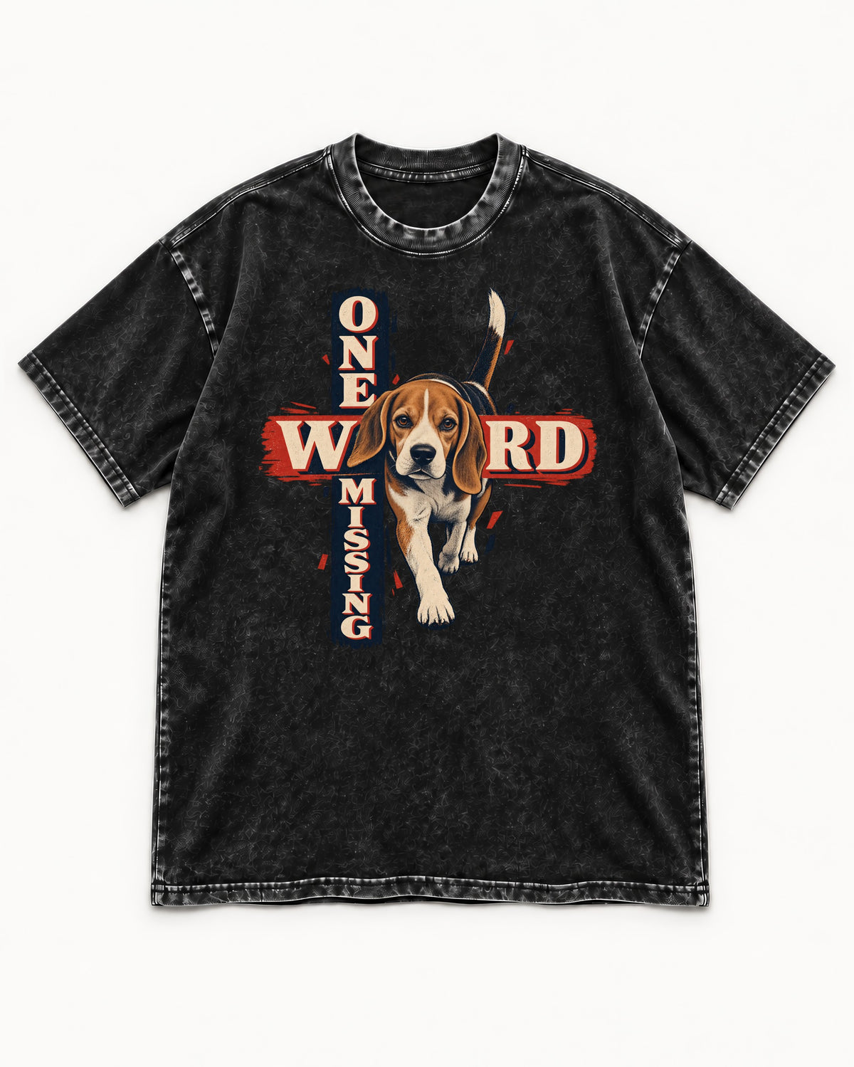 Beagle One Word Missing Washed Tee in Black, flat lay product photo