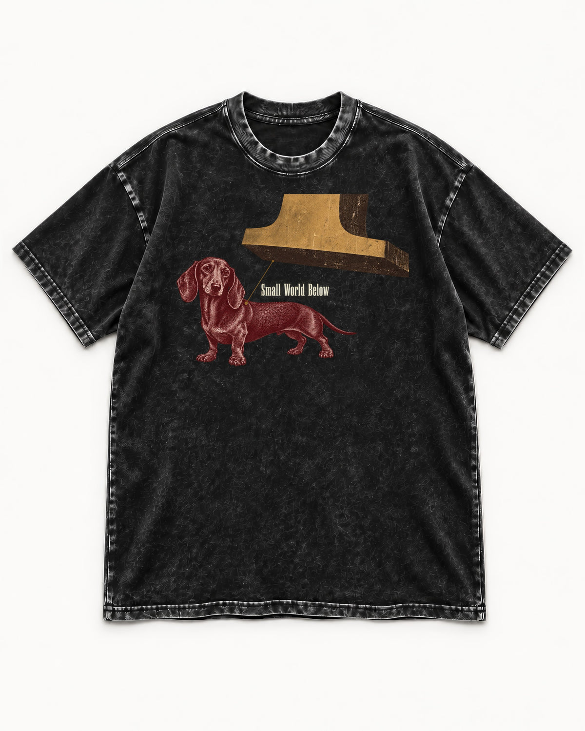 Dachshund Small World Below Giant Shoe Graphic Washed Tee in Black, flat lay product photo