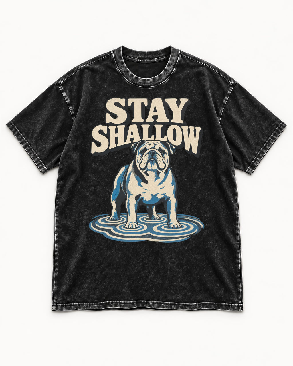 English Bulldog Stay Shallow Ripple Graphic Washed Tee in Black, flat lay product photo