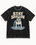 English Bulldog Stay Shallow Ripple Graphic Washed Tee in Black, flat lay product photo