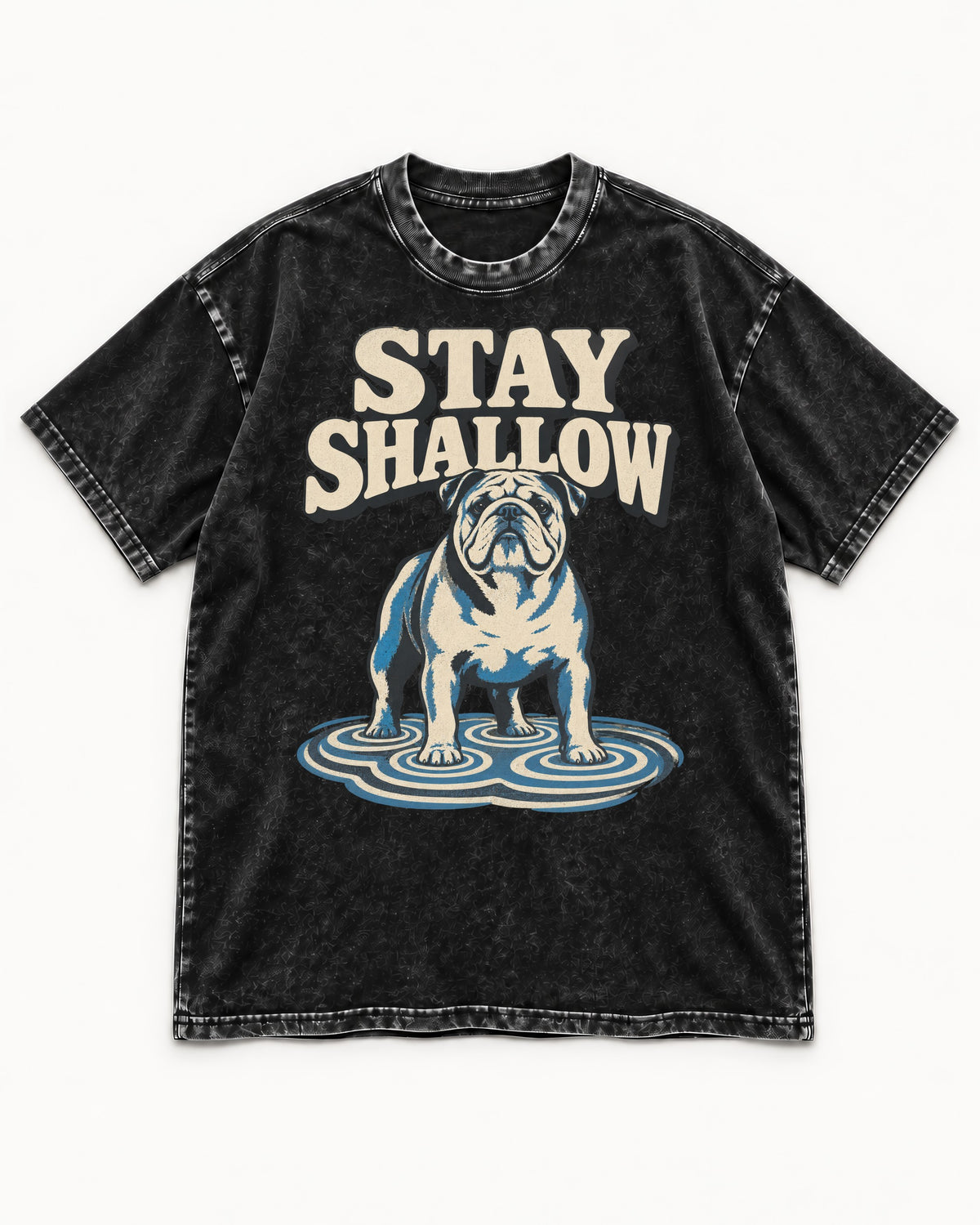 English Bulldog Stay Shallow Ripple Graphic Washed Tee in Black, flat lay product photo